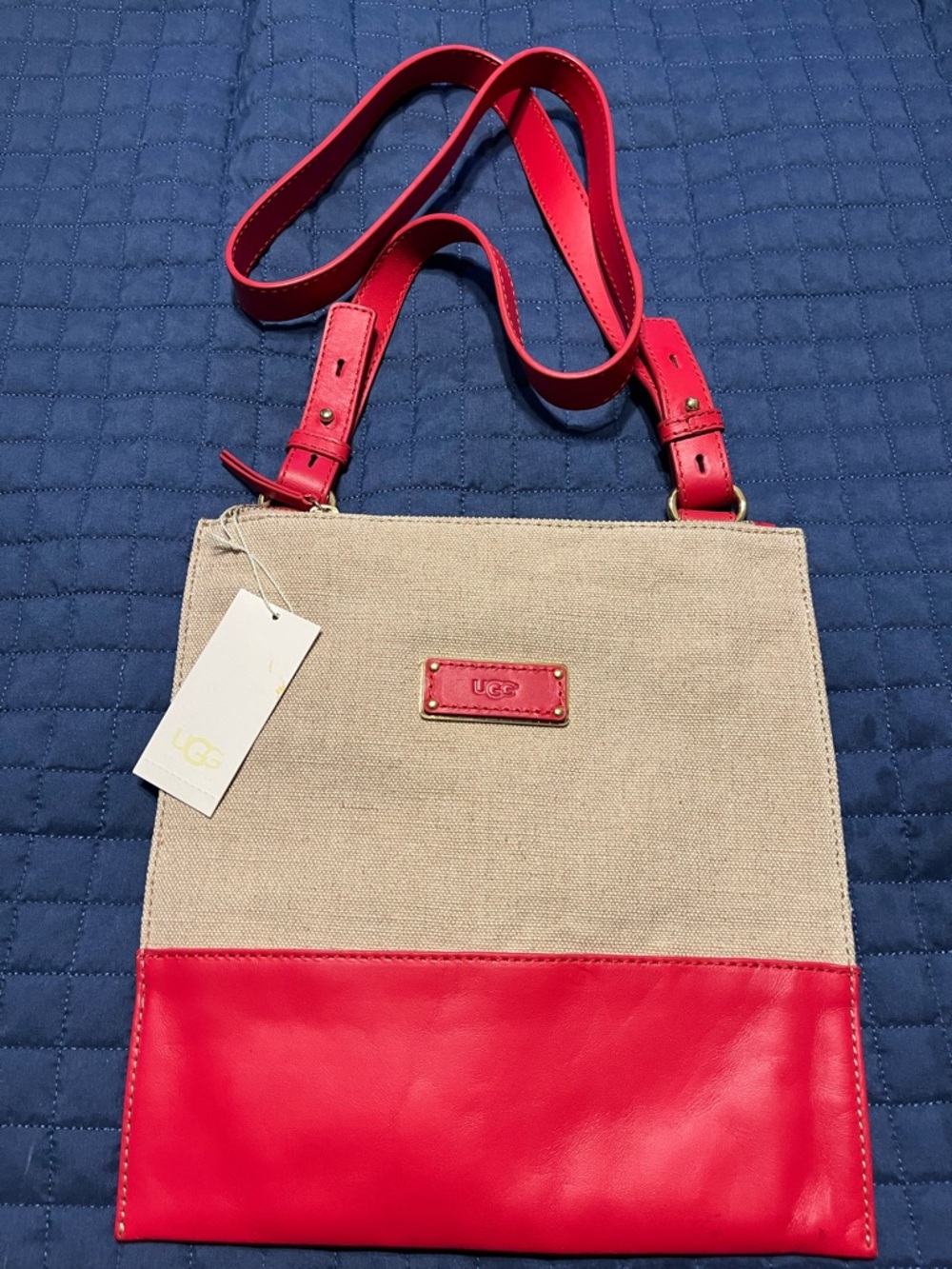 UGG Beige Canvas and Red Leather Shoulder Bag